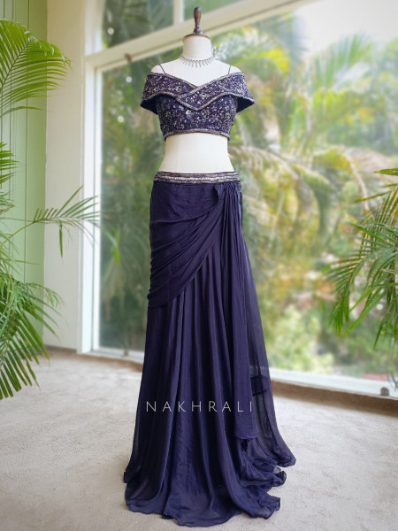 Mulberry Mirage Purple Crop Top Skirt Set with Sequin, Cut Dana & Beads Work