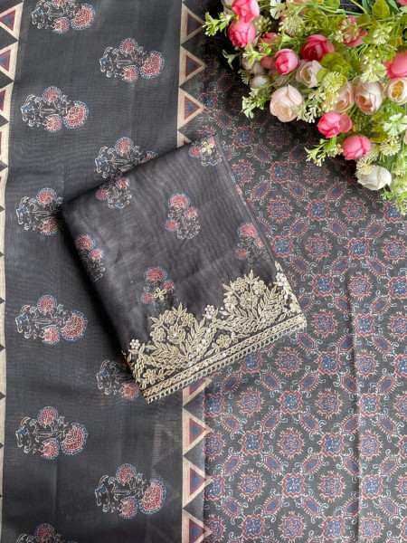 Black Grace Printed Dress Material with Embroidered Dupatta