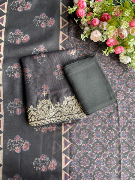 Black Grace Printed Dress Material with Embroidered Dupatta