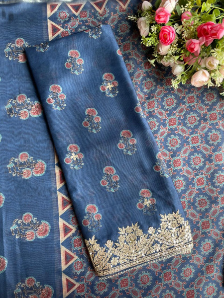 Blue Grace Printed Dress Material with Embroidered Dupatta