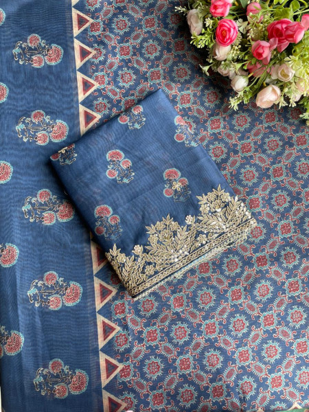 Blue Grace Printed Dress Material with Embroidered Dupatta