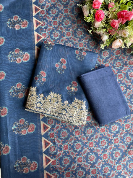 Blue Grace Printed Dress Material with Embroidered Dupatta