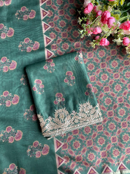 Green Grace Printed Dress Material with Embroidered Dupatta