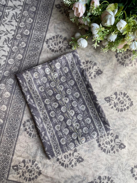 Grey Printed Dress Material with Subtle Embroidered Detailing