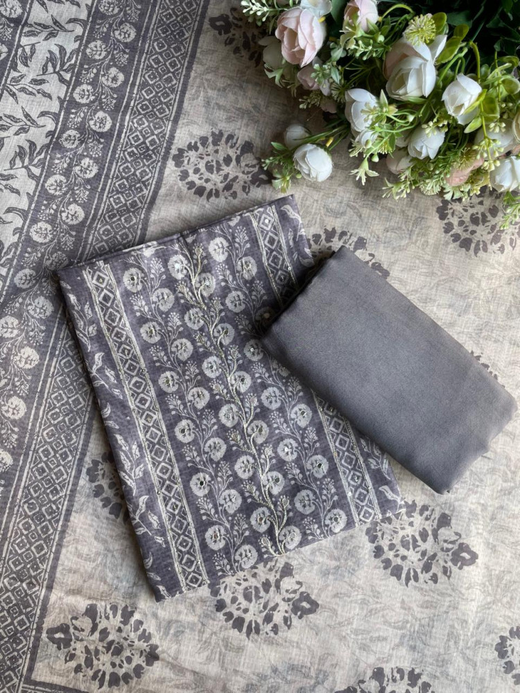 Image of Grey Printed Dress Material with Subtle Embroidered Detailing