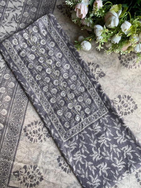 Grey Printed Dress Material with Subtle Embroidered Detailing
