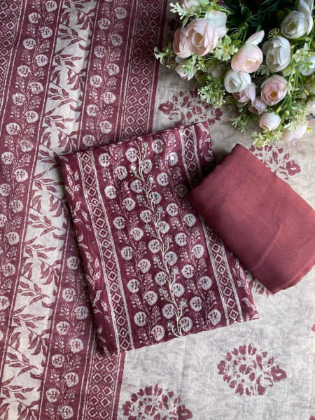 Maroon Printed Dress Material with Subtle Embroidered Detailing