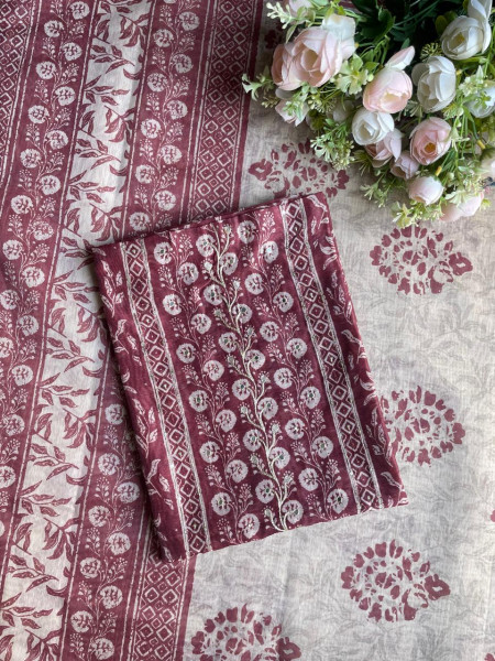 Maroon Printed Dress Material with Subtle Embroidered Detailing