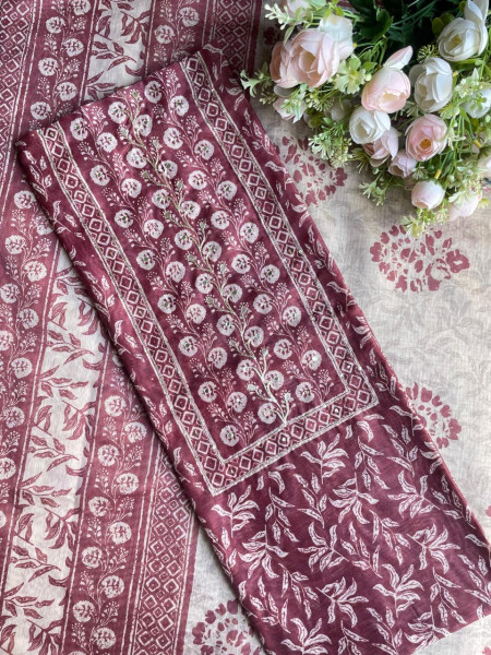 Maroon Printed Dress Material with Subtle Embroidered Detailing