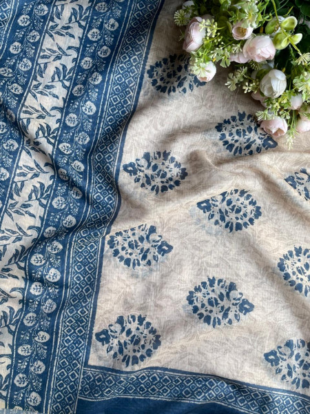 Blue Printed Dress Material with Subtle Embroidered Detailing