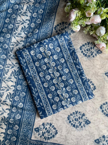 Blue Printed Dress Material with Subtle Embroidered Detailing