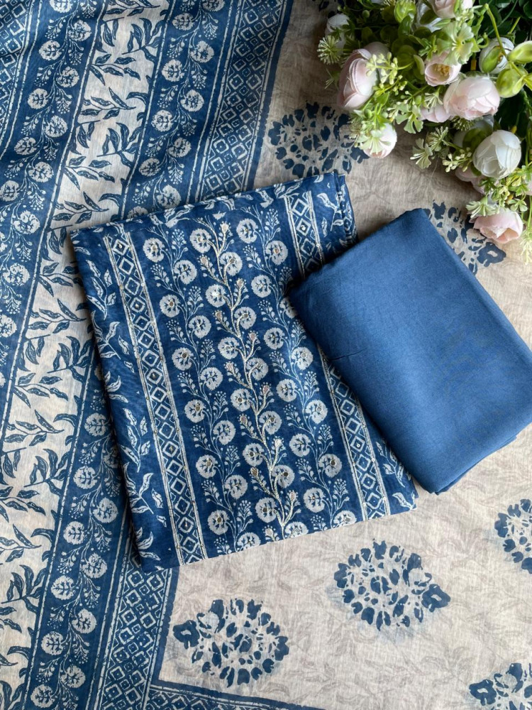 Image of Blue Printed Dress Material with Subtle Embroidered Detailing