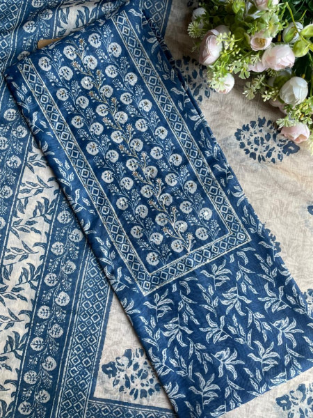 Blue Printed Dress Material with Subtle Embroidered Detailing