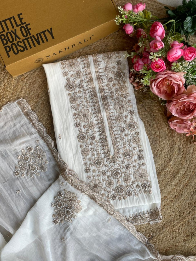 Image of Off White Embroidered Dress Material with Scalloped Dupatta