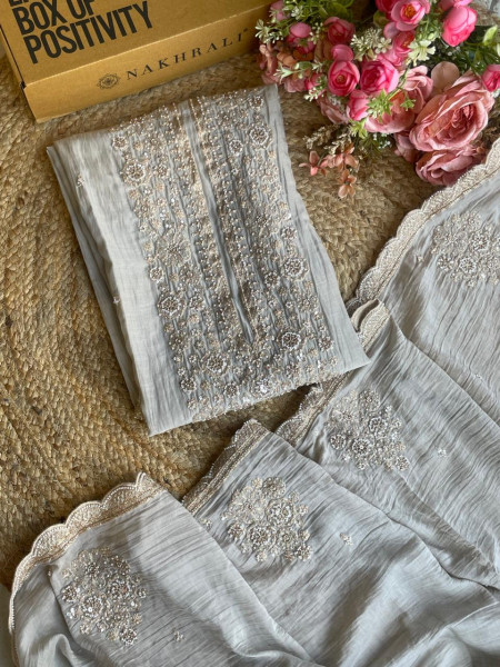 Grey Embroidered Dress Material with Scalloped Dupatta