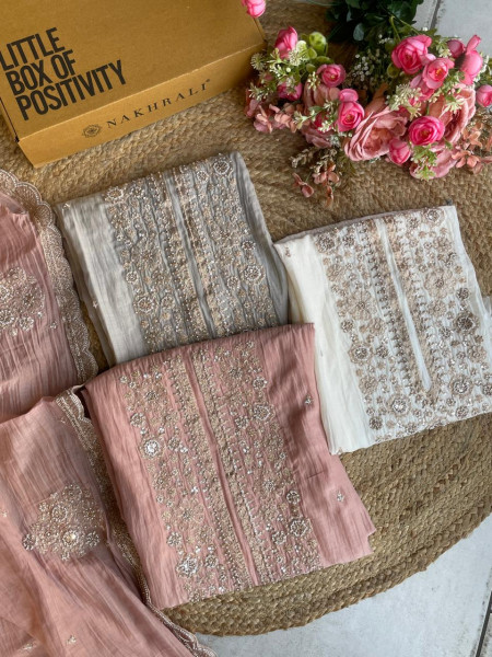 Off White Embroidered Dress Material with Scalloped Dupatta