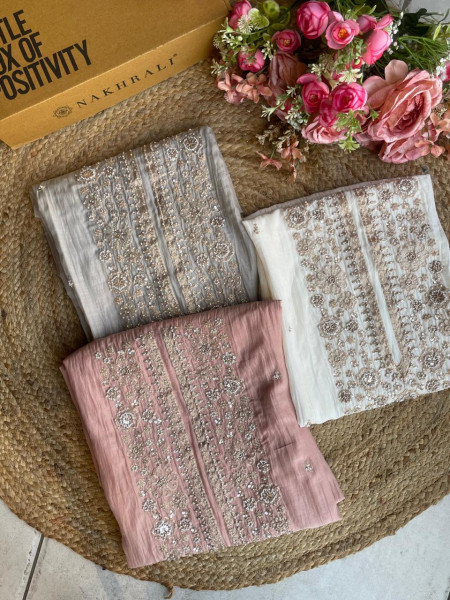 Grey Embroidered Dress Material with Scalloped Dupatta