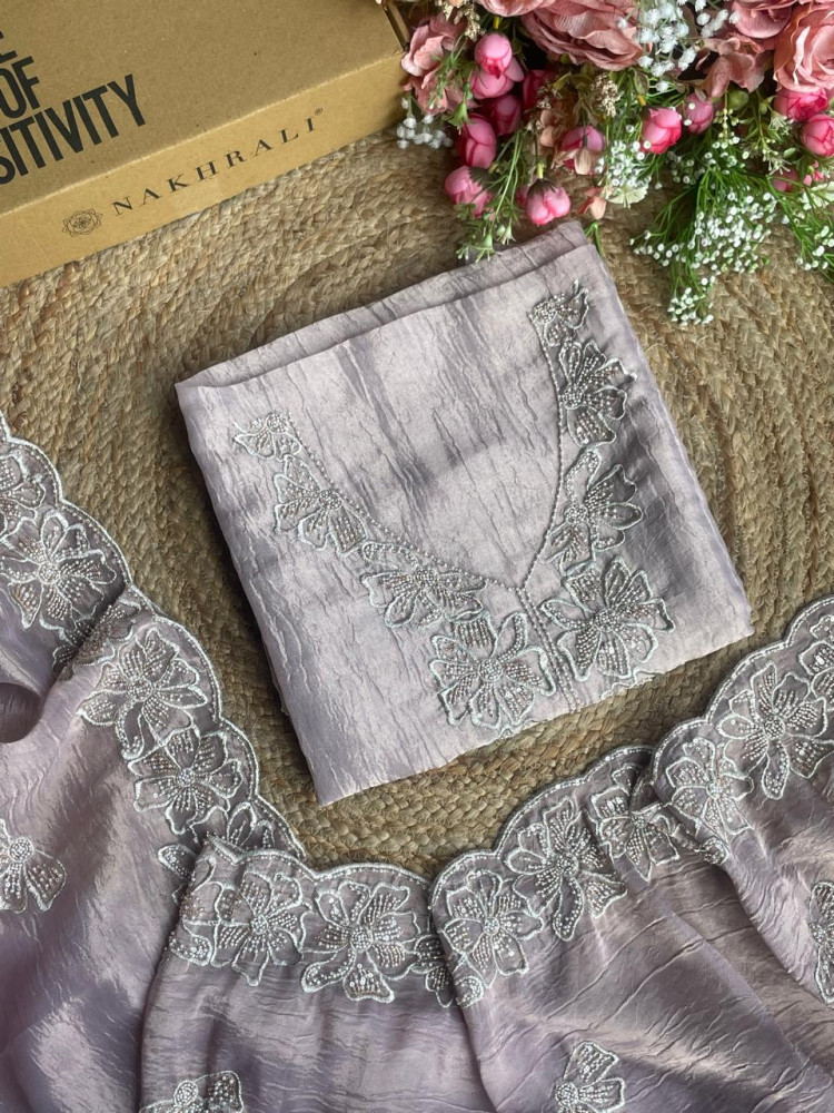 Image of Silver Bloom Purple Embroidered Dress Material Set