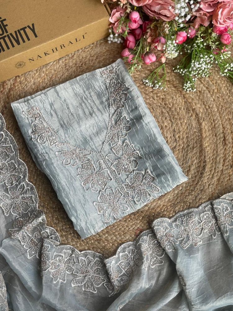 Image of Silver Bloom Sky Blue Embroidered Dress Material Set