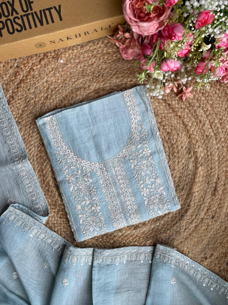 Sky Blue Vine Embroidered Dress Material Set