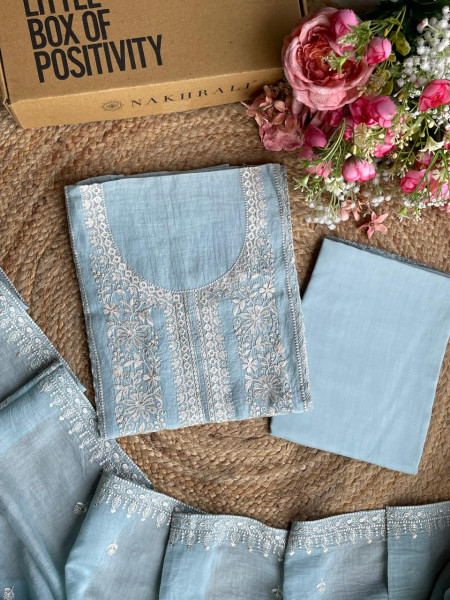 Sky Blue Vine Embroidered Dress Material Set