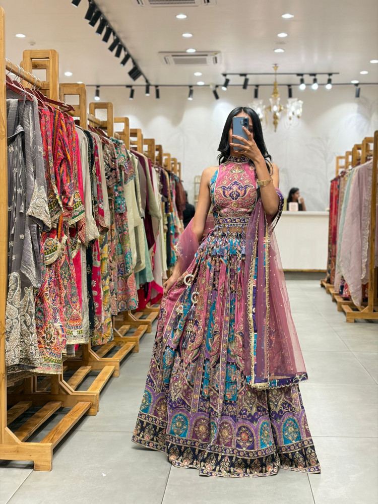 Image of Rethira Purple Indo-Western Lehenga with Printed Embroidery and Tassel Detail