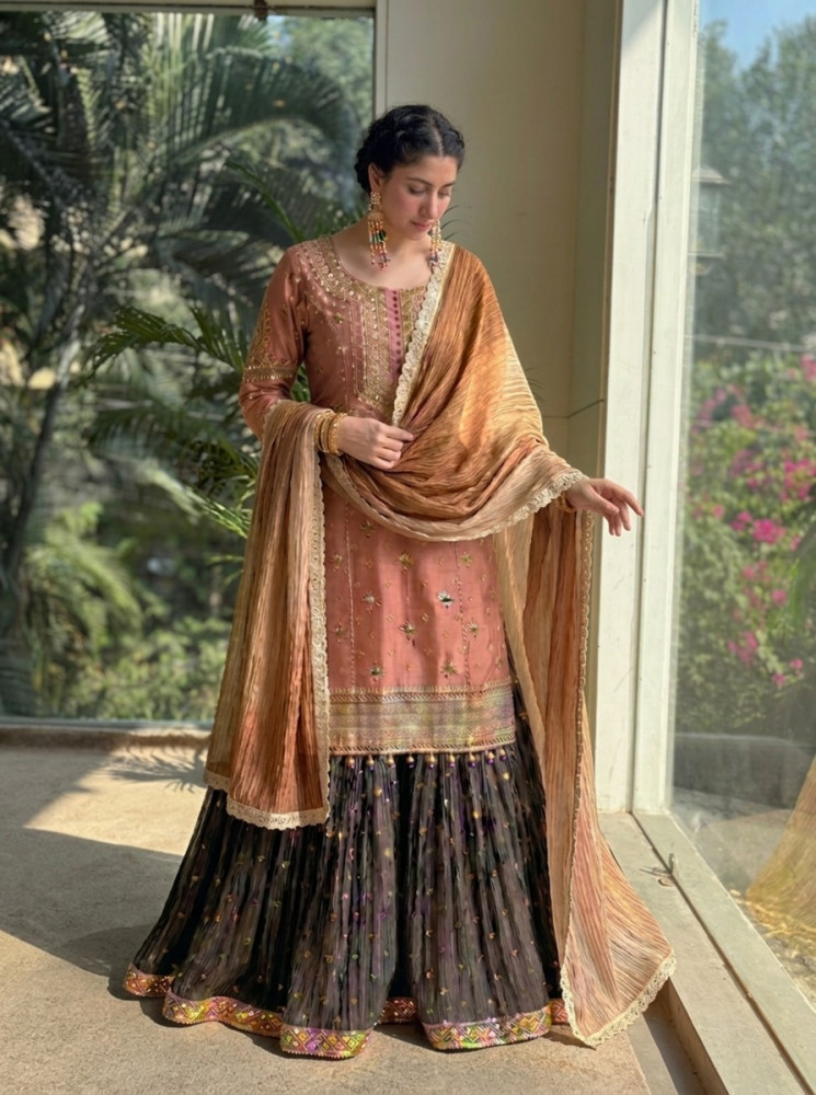 Image of Zervia Wine Kurta Sharara Set with Embroidery and Crushed Dupatta