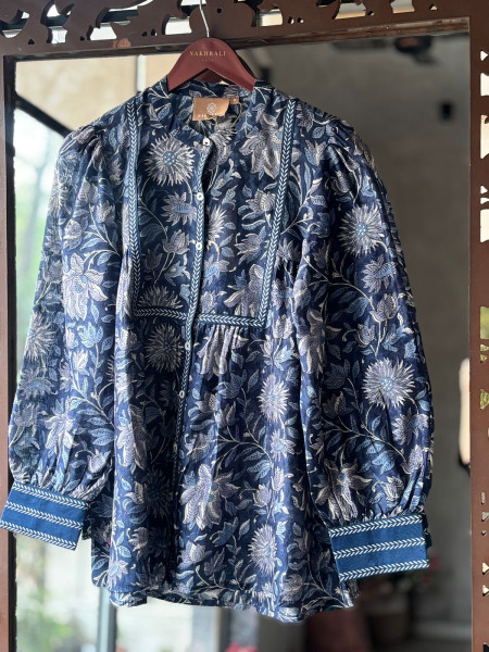 Posy Yellow Cotton Shirt with Pintuck Yoke Print