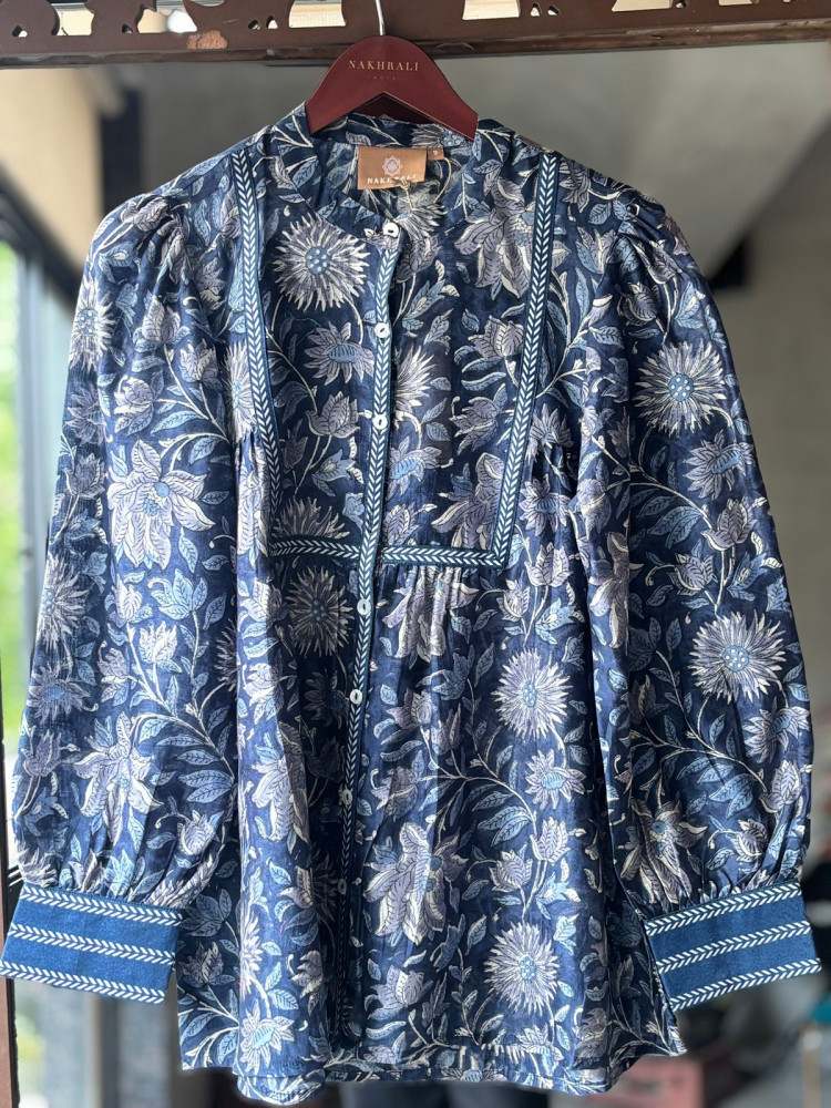 Image of Posy Yellow Cotton Shirt with Pintuck Yoke Print