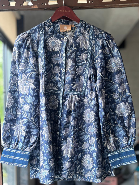 Posy Yellow Cotton Shirt with Pintuck Yoke Print