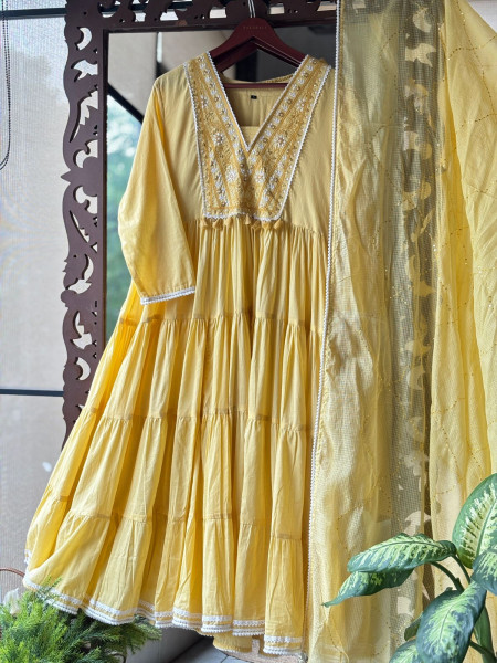 Sutra Yellow  Anarkali Suit Set with Thread Embroidery and Dupatta