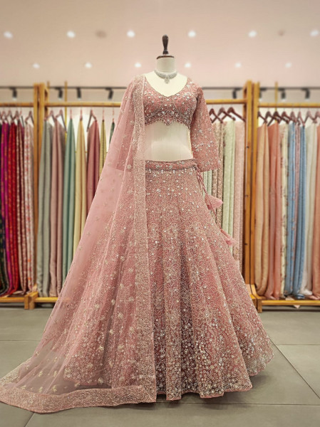 Farhana Pink Mirror and Bead Embroidered Bridal Lehenga