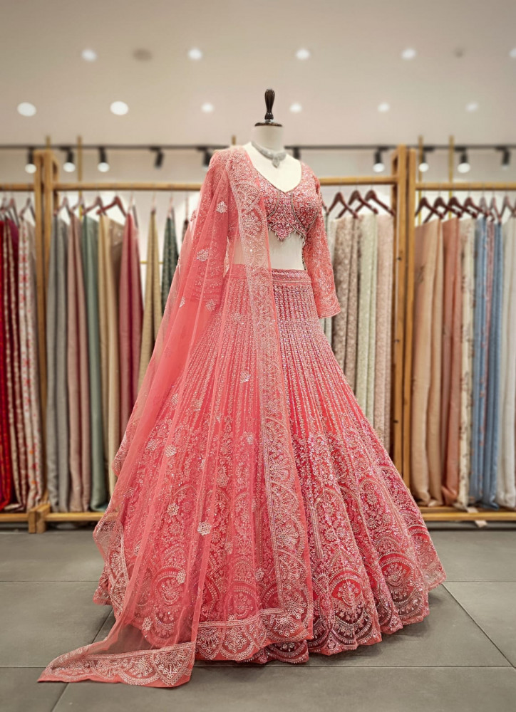 Image of Chandani Pink Lehenga Set with Embroidery, Beads &amp; Sequin Work