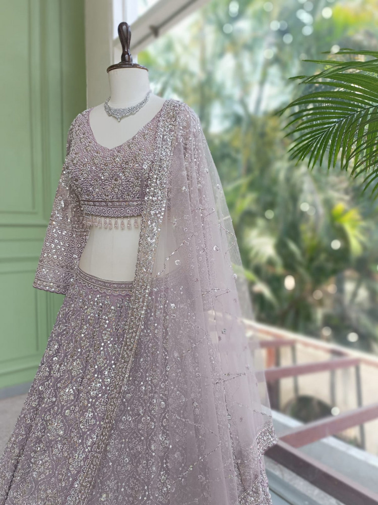 Image of Dirgika Purple Lehenga Set with Embroidery and Sequin Work