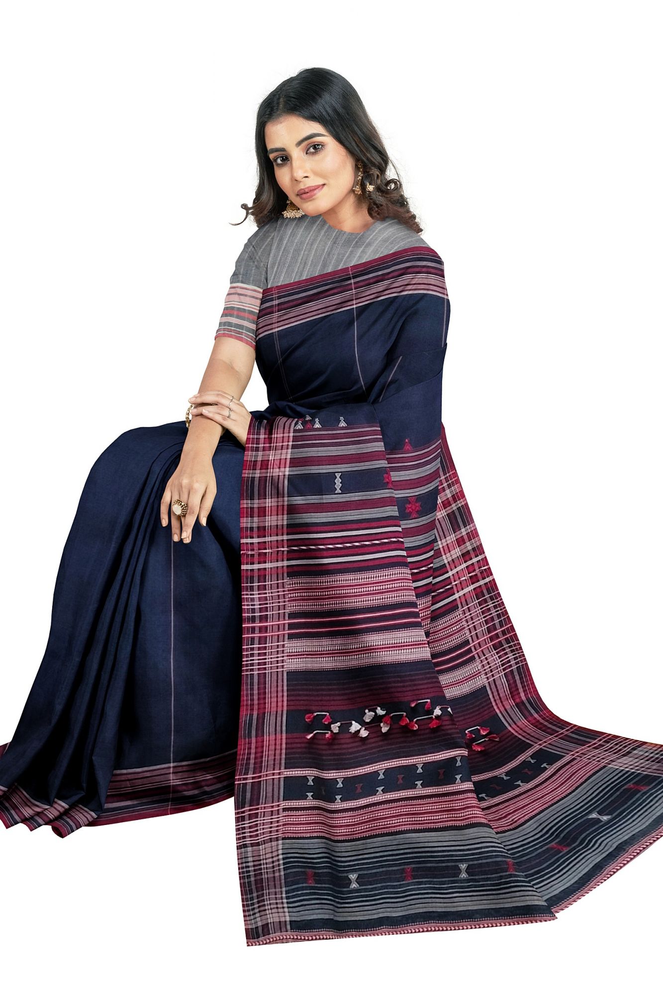 Handloom Woven Bhujodi Kutch Cotton saree with Tassels