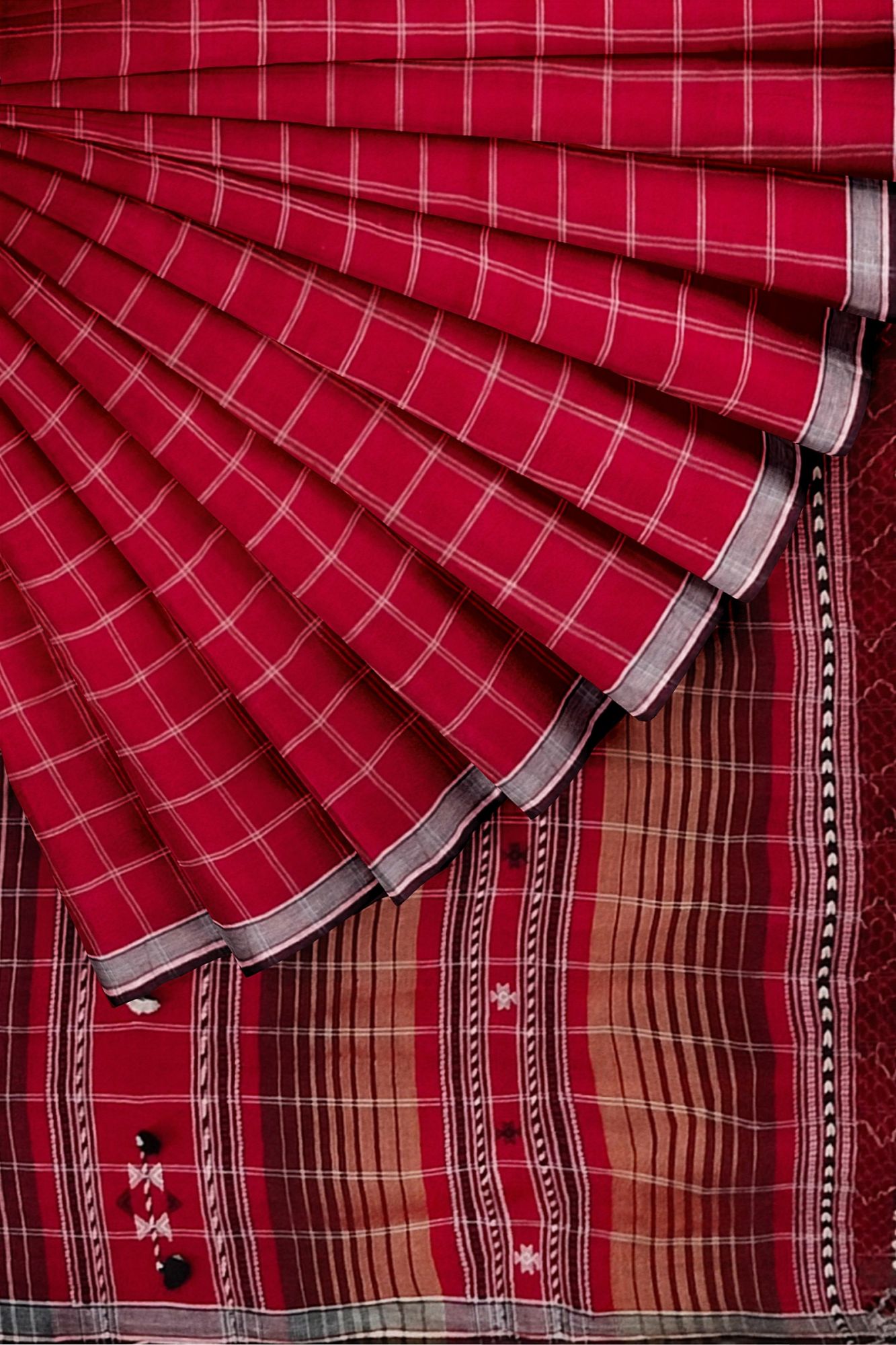 Handloom Woven Maroon Bhujodi Kutch Cotton Saree with Tassels