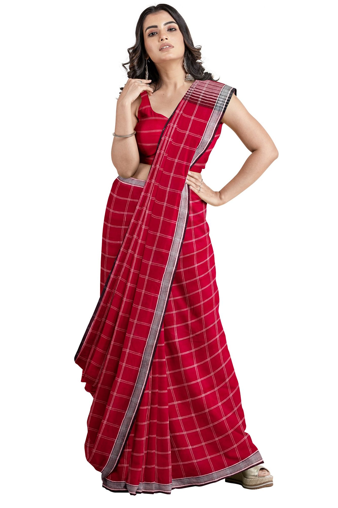 Handloom Woven Maroon Bhujodi Kutch Cotton Saree with Tassels