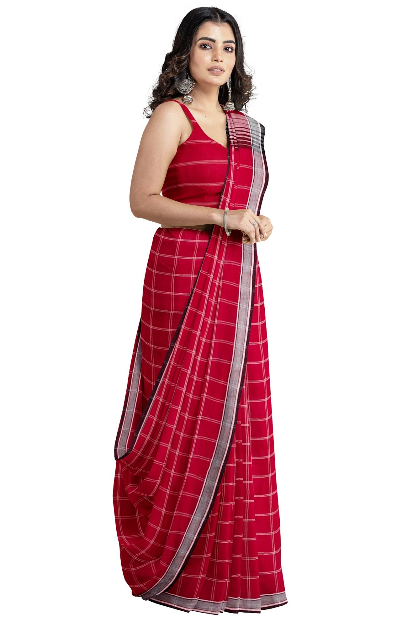 Handloom Woven Maroon Bhujodi Kutch Cotton Saree with Tassels
