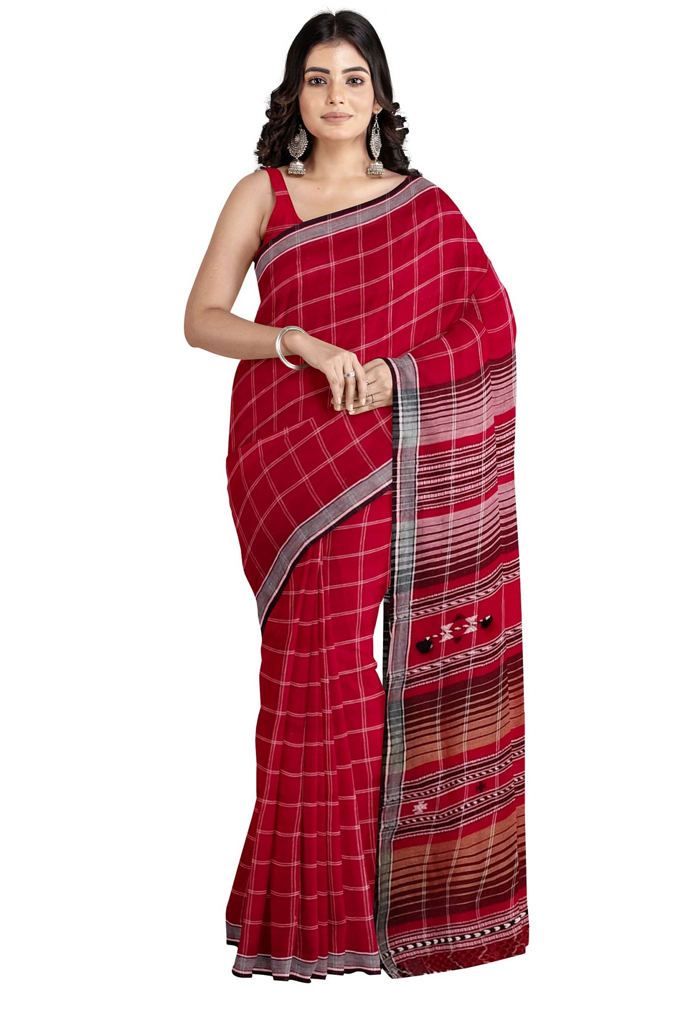 Handloom Woven Maroon Bhujodi Kutch Cotton Saree with Tassels