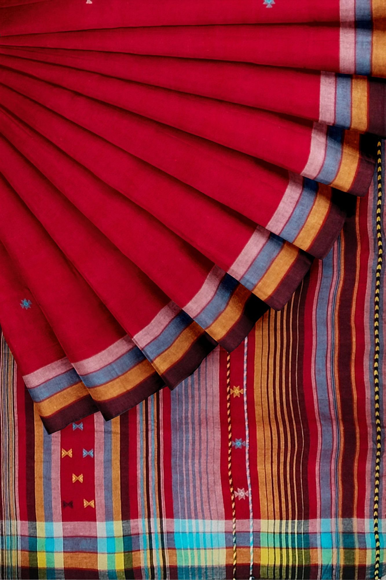 Handloom Woven Red Bhujodi Kutch Cotton Saree with Tassels