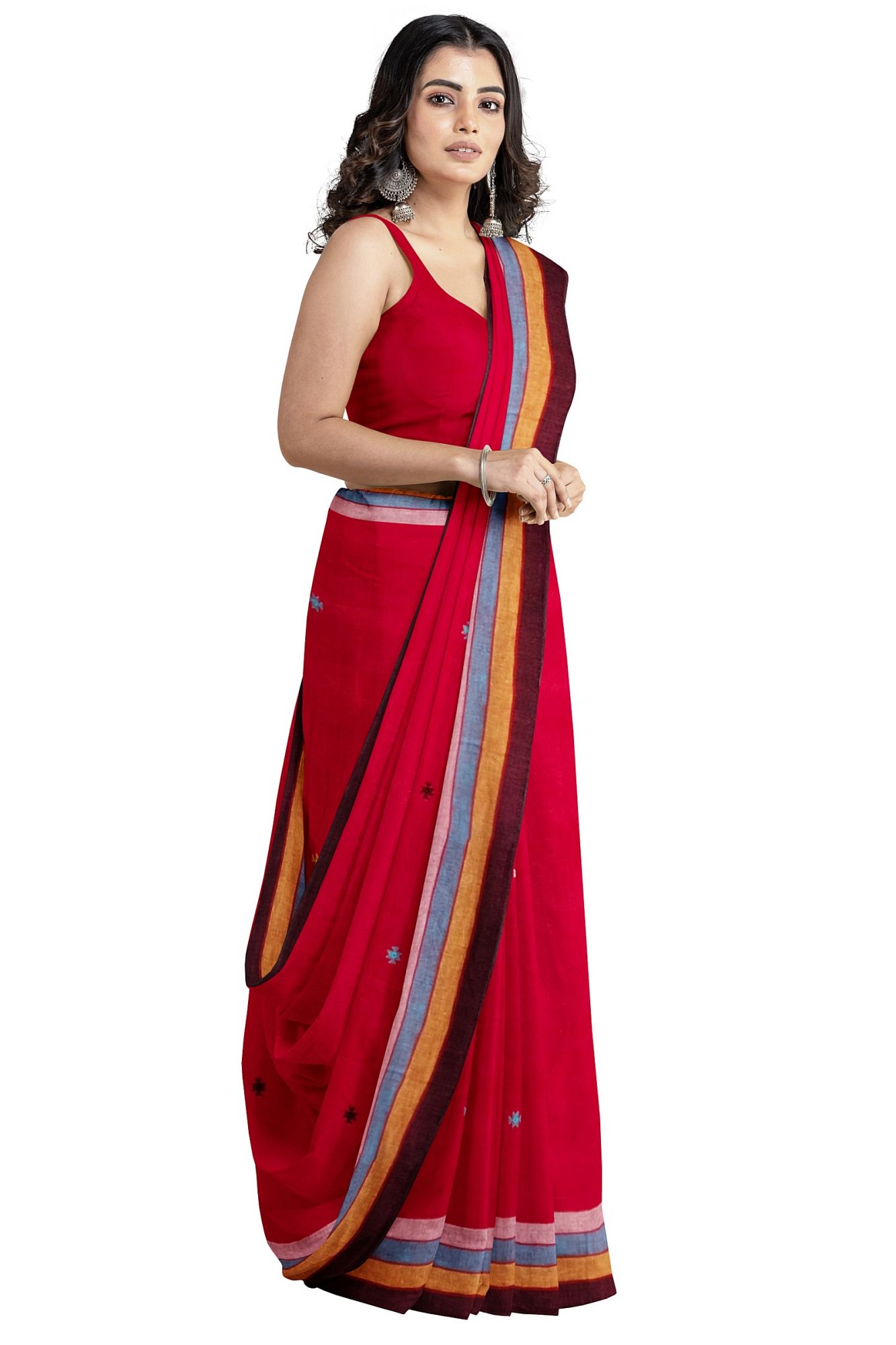 Handloom Woven Red Bhujodi Kutch Cotton Saree with Tassels
