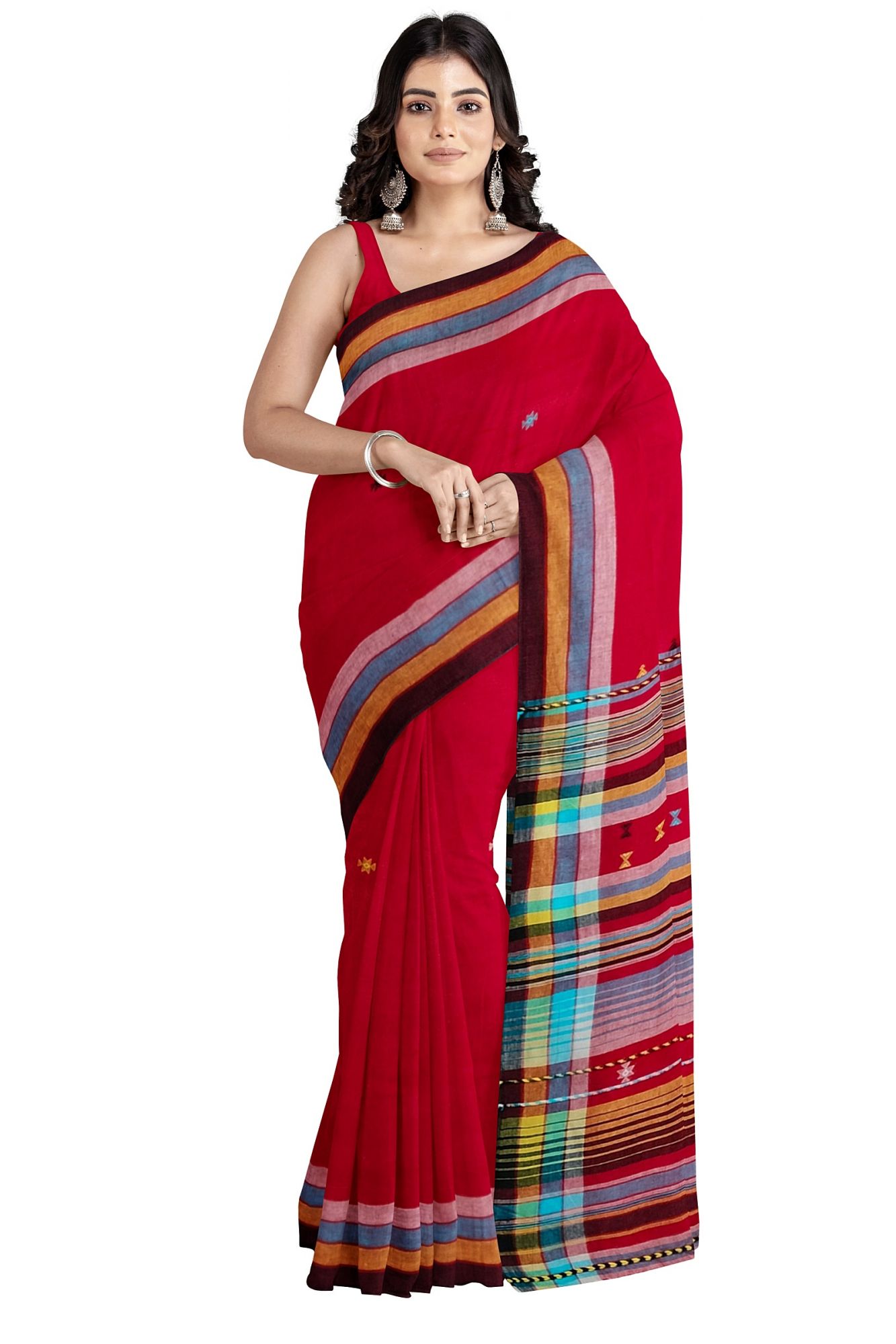 Handloom Woven Red Bhujodi Kutch Cotton Saree with Tassels