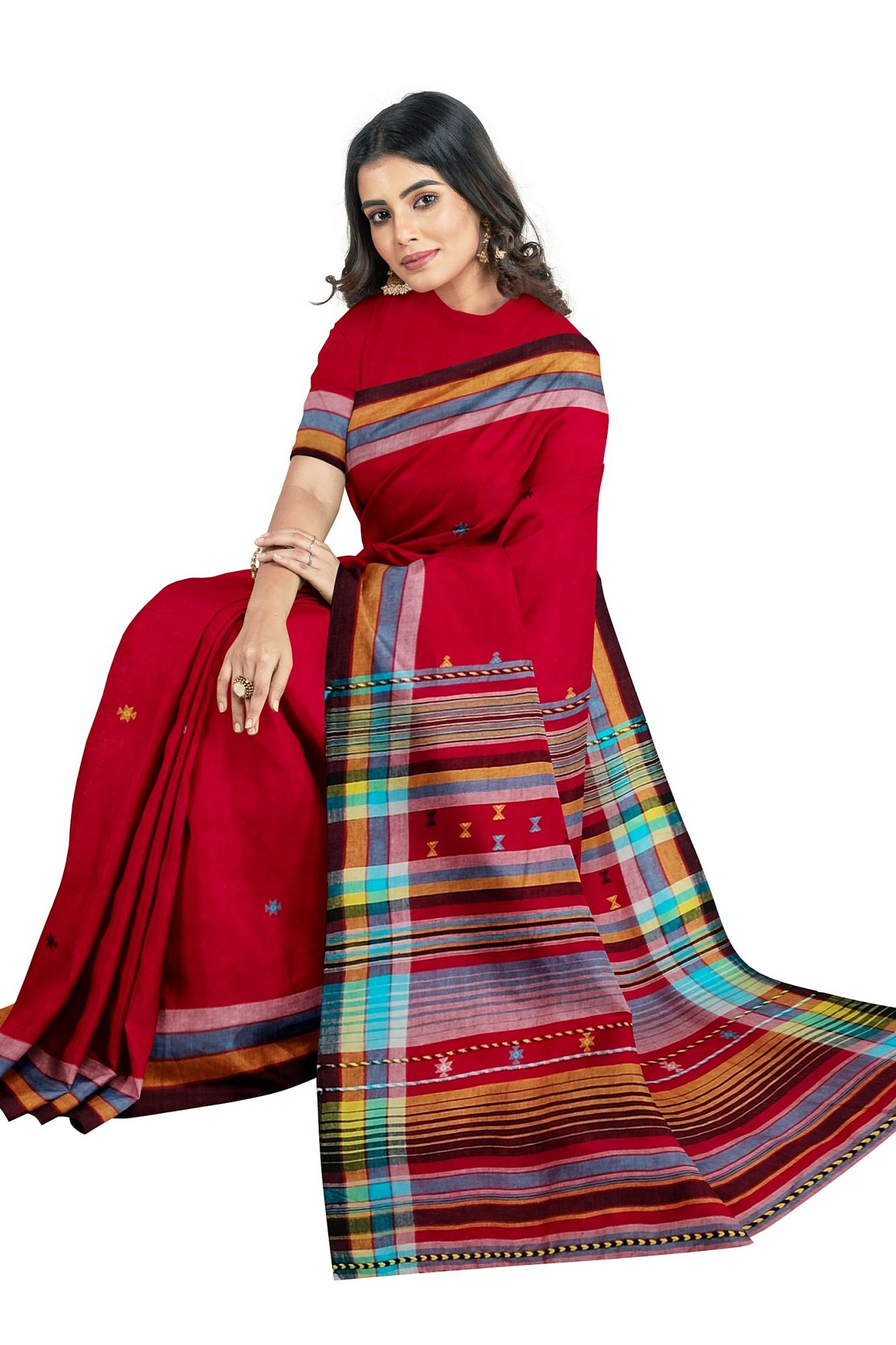 Handloom Woven Red Bhujodi Kutch Cotton Saree with Tassels