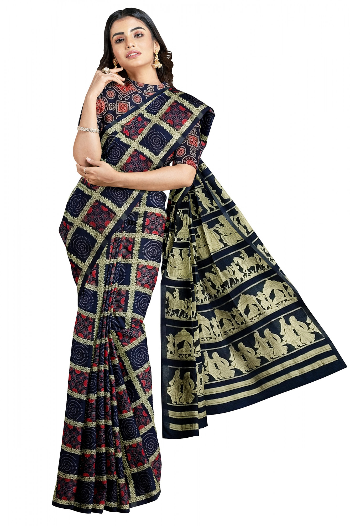 Exquisite Ajrakh Hand block Print Modal Silk in Gharchola Design Saree in Royal Blue