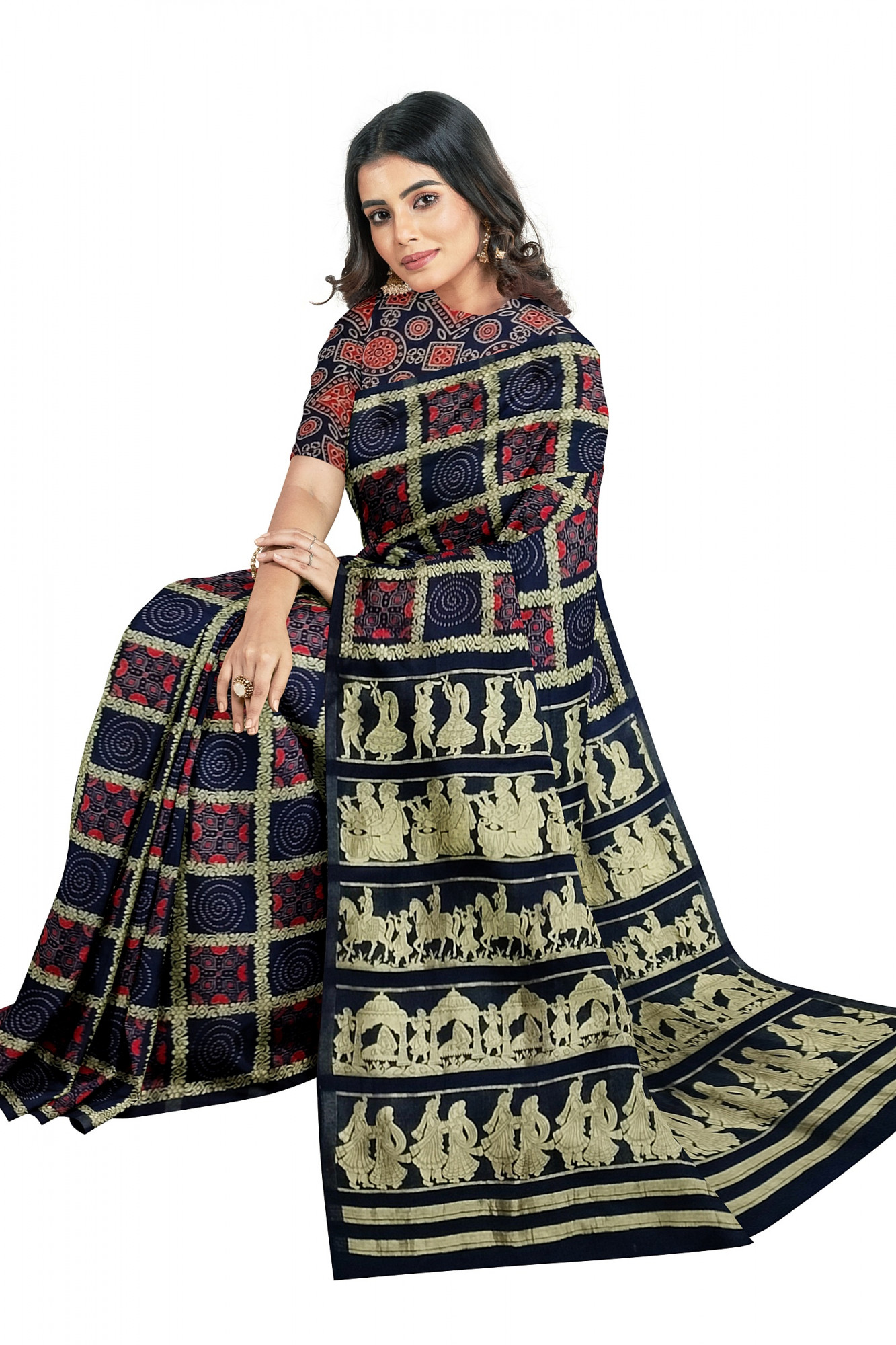 Exquisite Ajrakh Hand block Print Modal Silk in Gharchola Design Saree in Royal Blue