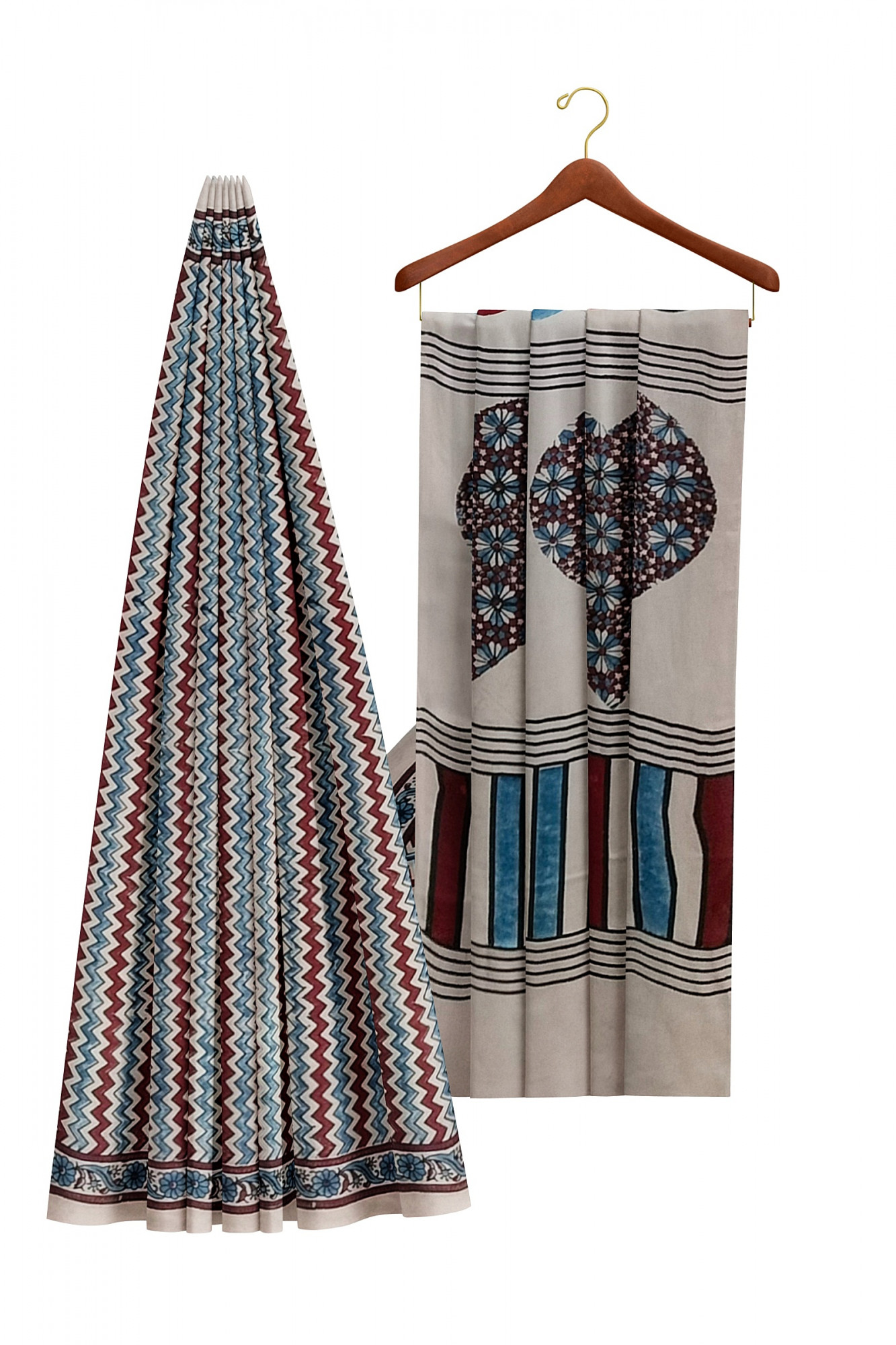 Exquisite Ajrakh Hand block Print Modal Silk Saree in Off White