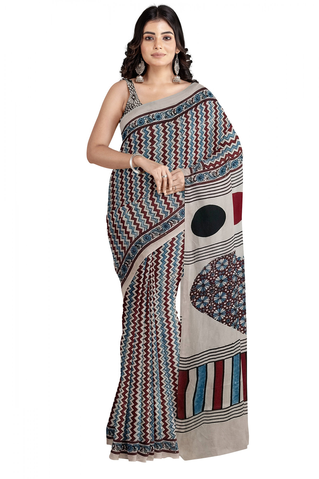 Exquisite Ajrakh Hand block Print Modal Silk Saree in Off White