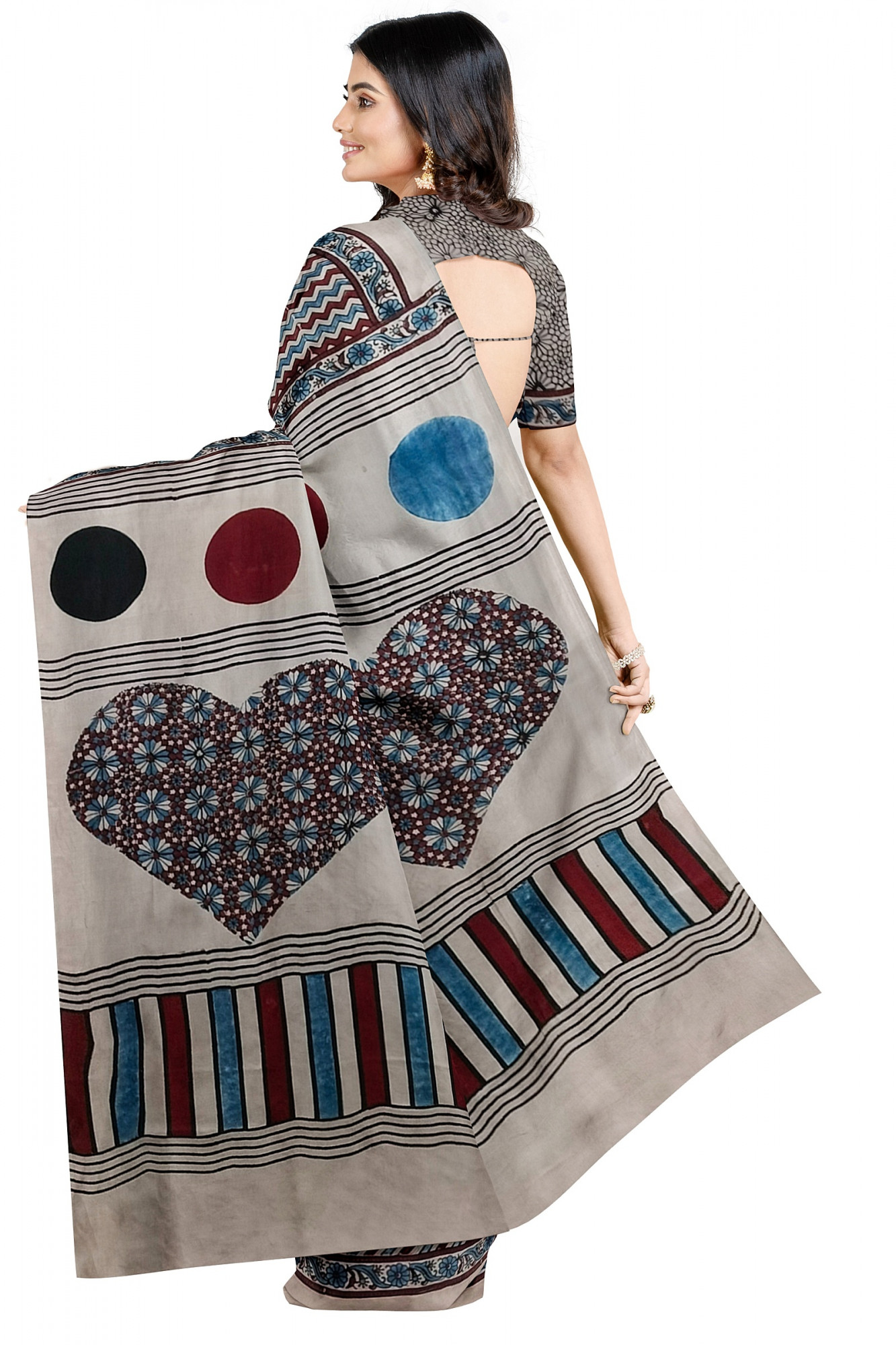 Exquisite Ajrakh Hand block Print Modal Silk Saree in Off White