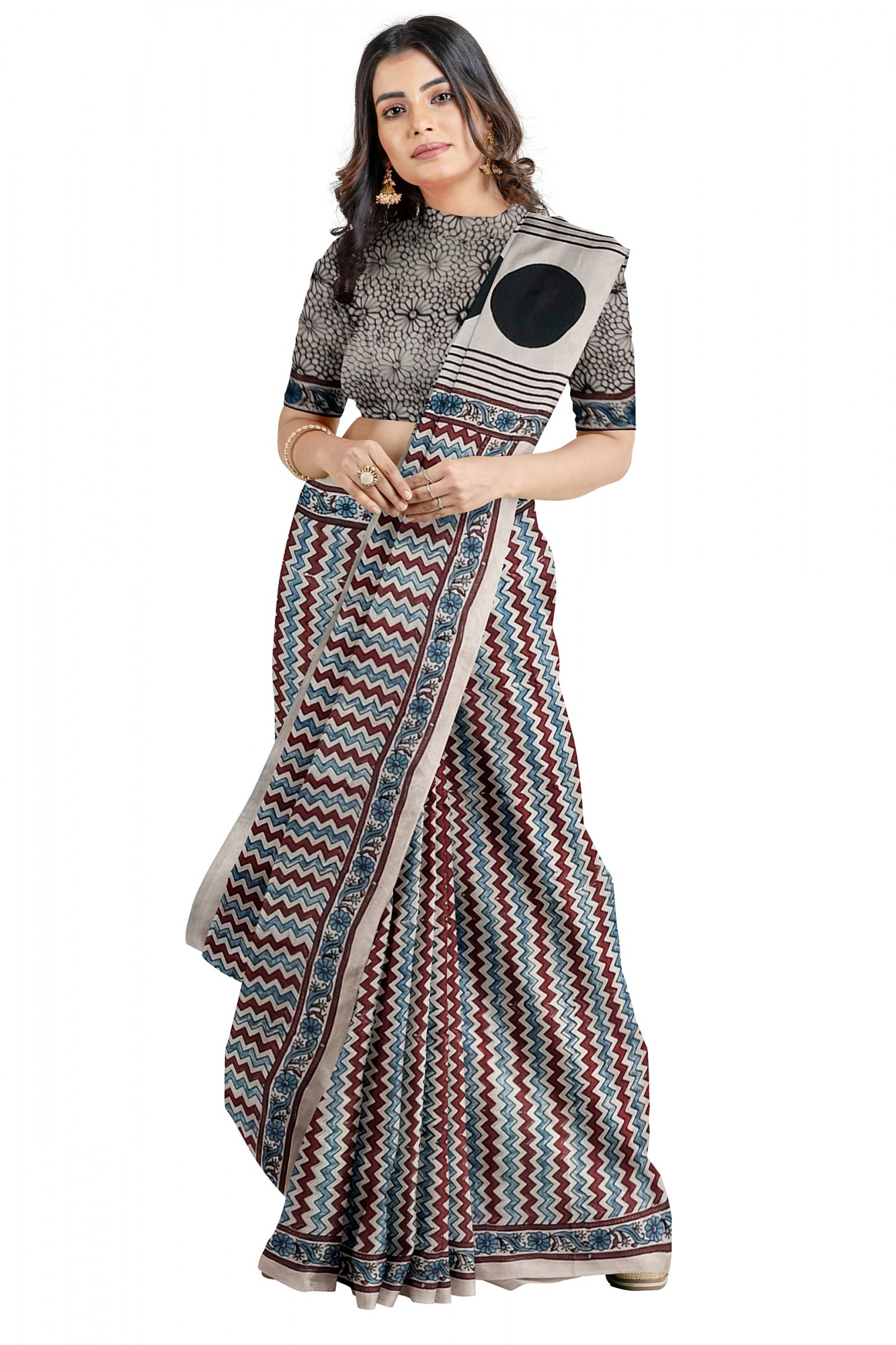 Exquisite Ajrakh Hand block Print Modal Silk Saree in Off White