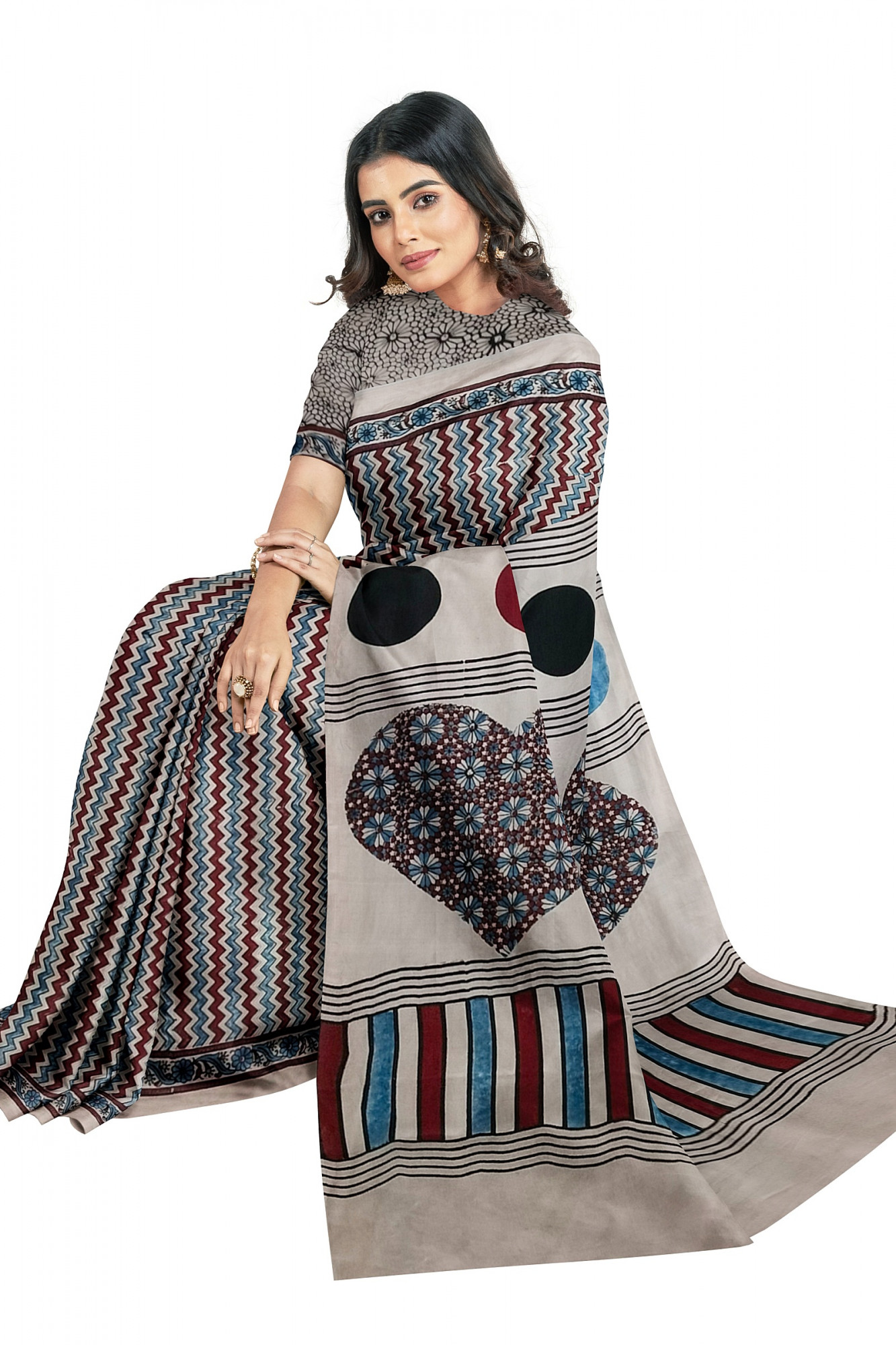 Exquisite Ajrakh Hand block Print Modal Silk Saree in Off White